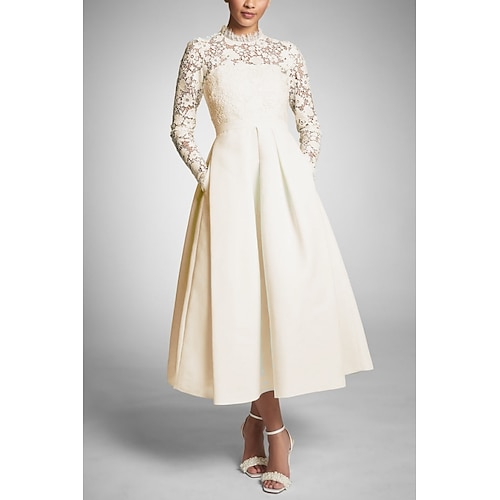 Linea ad A Lunghezza Tè Vestito da Festa Abito da Cocktail Abito da invitata a nozze Abito da cerimonia per signora Manica Lunga Collo Alto Sexy Ospite di nozze Abbigliamento da Festa Autunno Tessuto