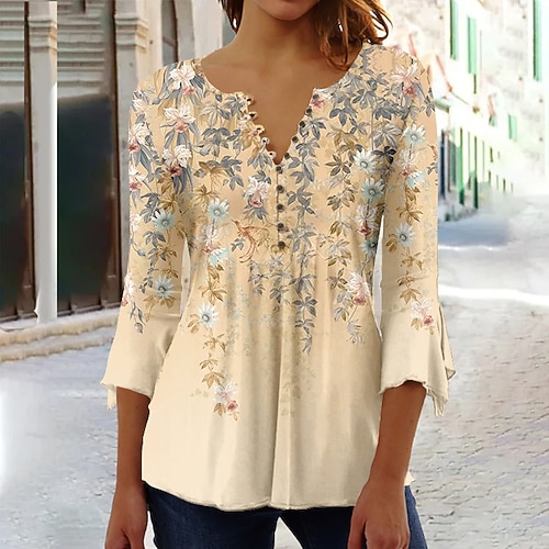 T-Shirt da donna Basic con stampa floreale e bottoni maniche a 3/4 maglie regolari girocollo vacanze gialla blu