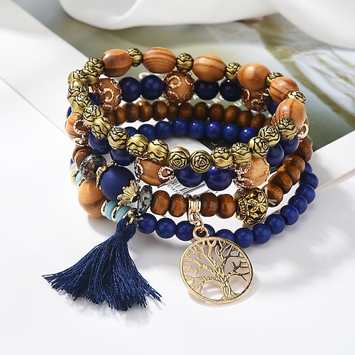 Per donna Braccialetto con perline Bracciali d'epoca Multistrato Moda Albero della vita Fiore decorativo Elegante Di tendenza Personalizzato Nappa Stile Boho Lega Gioielli braccialetto Nero / Bianco