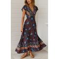 Per donna Vestito maxi Abito casual Vestito svasato Abito boho Boho Da mare Giornaliero Per eventi Standard Floreale Manica corta A V Rosso Blu marino Estate Primavera