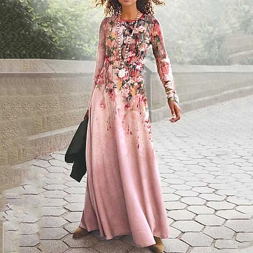 Abito maxi donna Abito casual Abito a ruota Abito floreale Abito lungo rosa maniche lunghe stampa floreale estate primavera girocollo moda abito estivo appuntamento quotidiano