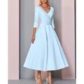 Abiti da Sposa da Mare A-Line Oro Madre della Sposa Abito Ospite di Matrimonio Elegante Vintage Taglia Forte Scollo a V Lunghezza Té Satin Maniche 3/4 con Pieghe per impressionare senza costo