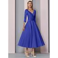 Abiti da Sposa da Mare A-Line Oro Madre della Sposa Abito Ospite di Matrimonio Elegante Vintage Taglia Forte Scollo a V Lunghezza Té Satin Maniche 3/4 con Pieghe per impressionare senza costo