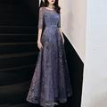 Abito da sera A-Line Abito elegante Ospite di matrimonio Formale Lunghezza del pavimento Manica a metà Collo gioiello Tulle con Motivo Stampa di Ricamo taglia personalizzata gratuita