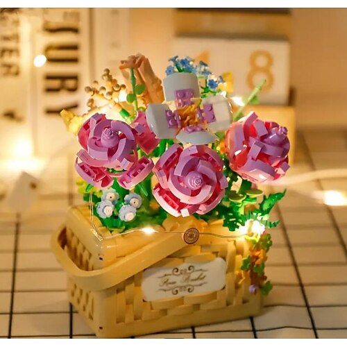 regali per il giorno delle donne nuovo elemento di costruzione fiore rosa elemento di costruzione giocattolo polvere magica bouquet di fiori portatile confezione regalo serie regali per le ragazze