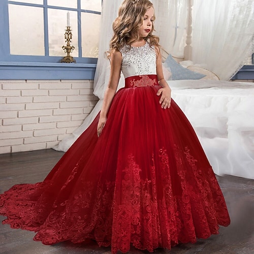Bambino Da ragazza Abito da damigella Vestito Senza maniche Matrimonio Feste Con fiocco Elegante Vintage Di pizzo Tulle Maxi 4-13 anni Bianco Rosa Rosso