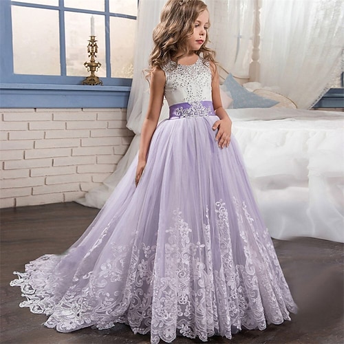 Bambino Da ragazza Abito da damigella Vestito Senza maniche Matrimonio Feste Con fiocco Elegante Vintage Di pizzo Tulle Maxi 4-13 anni Bianco Rosa Rosso