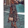 Damen Casual kleid Sommerkleid Blumen Bedruckt V Ausschnitt Midikleid Urlaub Halbe Ärmel Sommer