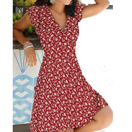 damen a-linie kleid knielanges kleid blau weiß grau rot ärmellos floral print frühling sommer v-ausschnitt elegant lässig sexy 2023 s m l xl xxl xxxl Image
