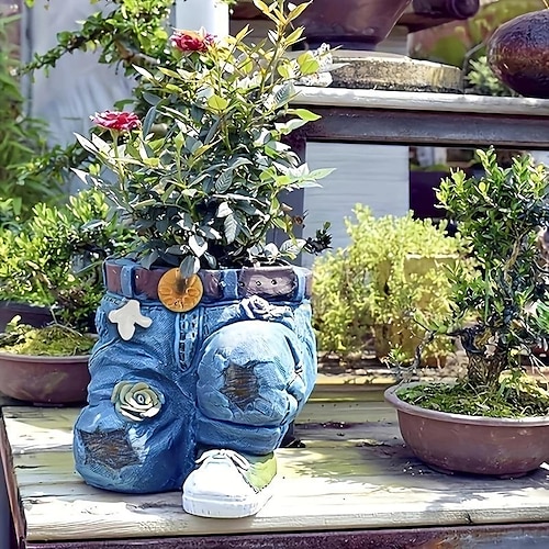lustige Blumentöpfe für den Innen- und Außenbereich aus Harz, Denim-Hosen, Ornamente, kreative Blumentopfdekoration, Basteln, Retro-Gartendekoration Image