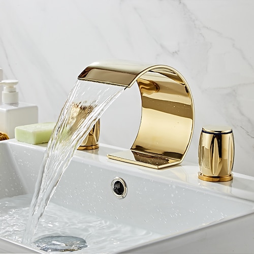 weit verbreitete Waschbecken-Mischbatterie, Wasserfall-Bogenauslauf Messing 3-Loch-2-Griff-Waschbecken-Hahn-Deck montiert, Waschraum-Becken-Wasserhahn mit heißem und kaltem Schlauch Image