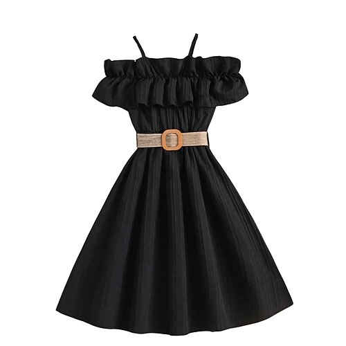 kinderkleidung Mädchen Kleid Feste Farbe Kurzarm Hochzeit Outdoor Casual Rüsche Urlaub Modisch Täglich Polyester Knielang Casual kleid Schaukelkleid A Linie Kleid Sommer Frühling 7-13 Jahre Schwarz Image
