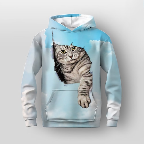 Mädchen 3D Katze Kapuzenshirt Pullover Langarm 3D-Druck Herbst Winter Aktiv Modisch Kuschelig kinderkleidung 3-12 Jahre Outdoor Casual Täglich Regular Fit Image