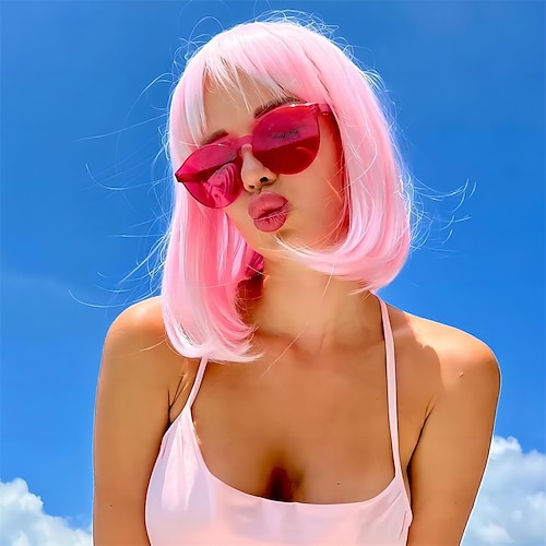 Blonde Bob-Perücke mit Pony, kurze blonde Bob-Perücke, gerade Bob-Perücken, synthetische Cosplay-Perücke für tägliche Partys für Frauen Image