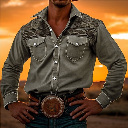 Herren Stammes Bandana-Print Hemd Westernhemd Langarm Hemd Umlegekragen Vintage Outdoor Straße Alltagstauglich Rosa Rote Blau S M L Image