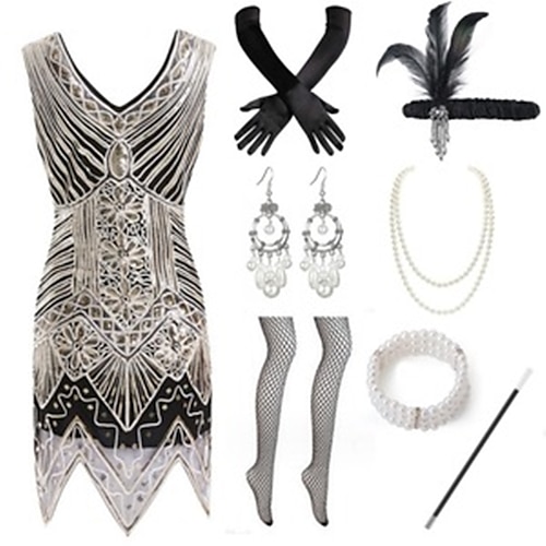 Goldene Zwanziger 1920er Mini Kleid Flapper Kleid Outfits Ärmellos Der große Gatsby Übergrössen Hochzeitsgast V Ausschnitt Kostüm Damen Karneval Maskerade Abschlussball Abendgesellschaft Party Image