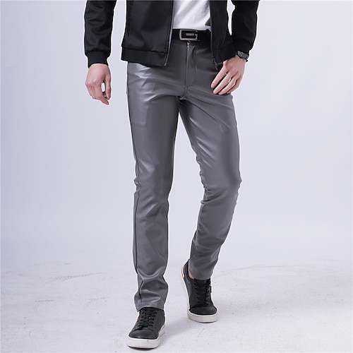 Herren Hose Hosen Lederhose Kunstlederhose Freizeithose Tasche Gerade geschnitten Glatt Dehnbar Party Freizeitskleidung Modisch Strassenmode Schwarz Weiß Image