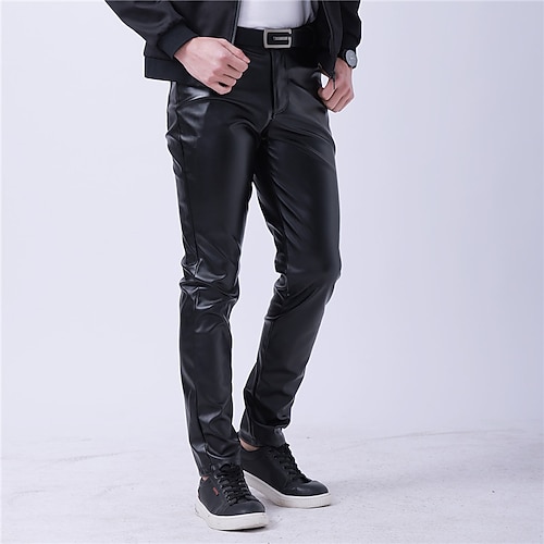 Herren Hose Hosen Lederhose Kunstlederhose Freizeithose Tasche Gerade geschnitten Glatt Dehnbar Party Freizeitskleidung Modisch Strassenmode Schwarz Weiß Image