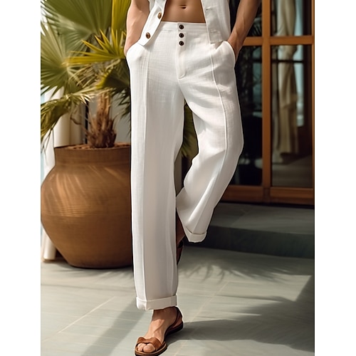40 % Leinen Herren Leinenhosen Hose Sommerhose Tasche Knöpfe Gerader Schnitt Einfach Bequem Atmungsaktiv Urlaub Büro / Karriere Täglich Klassisch Lässig Schwarz Weiß Image