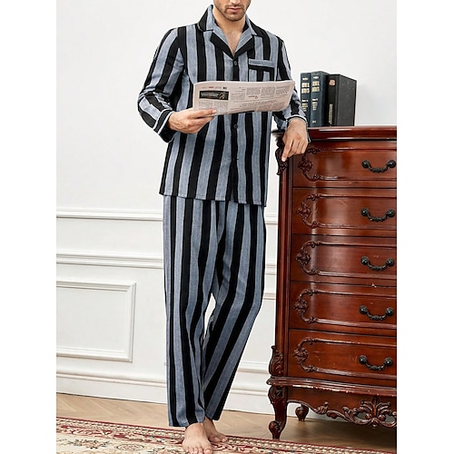 Herren Hausanzug Schlafanzüge Schlafanzug Set Pyjama-Oberteil und Hose 2 Stück Streifen Stilvoll Brautkleider schlicht Komfort Heim Täglich Baumwolle Komfort Kargen Langarm Hemd Hose Kordelzug Image