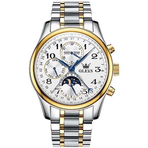 OLEVS Herren Mechanische Uhr Kalender Luxus Wasserdichte Armbanduhr Automatik Selbstaufzug Mondphase Doppelanzeige Kalender Edelstahl Armband Uhr
