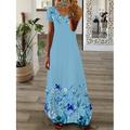 Maxikleid für Damen, langes Freizeitkleid, Sommerkleid, bedrucktes Kleid, modisch, Streetwear, Outdoor, Urlaub, Alltag, bedruckt, kurzärmlig, V-Ausschnitt, normale Passform, schwarz, weiß, rosa, Sommer, Frühling, S, M, L, XL, XXL