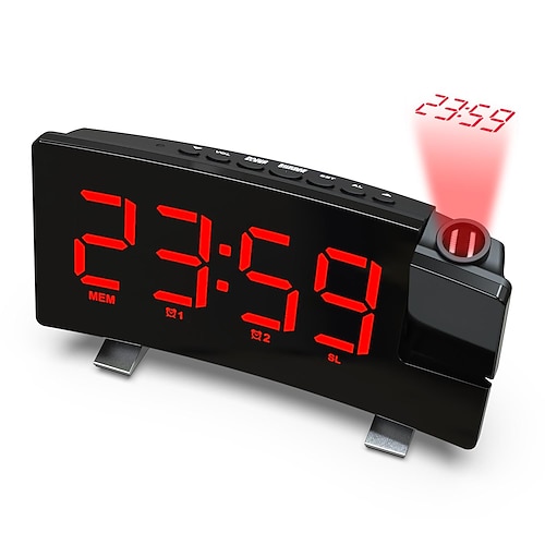 Projektionsuhren, FM-Radio, gebogener Bildschirm, digitaler Wecker, LED-Display mit Dimmer, Dual-Alarm mit USB-Ladeanschluss, 12/24-Stunden-Backup-Batterie für die Uhreinstellung Image