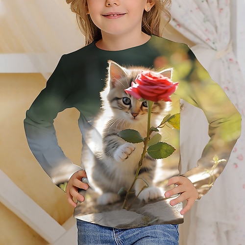 Mädchen 3D Graphic Karikatur Katze T-Shirt Langarm 3D-Druck Sommer Herbst Aktiv Modisch Kuschelig kinderkleidung 3-12 Jahre Outdoor Casual Täglich Regular Fit Image