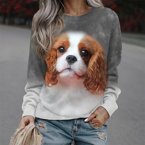 Damen Sweatshirt Pullover Hund Casual Sport Print Sportbekleidung Lustiges Rundhals Langarmshirt Mikroelastisch Herbstamp;Winterkomfort, atmungsaktives, weiches Gewebe