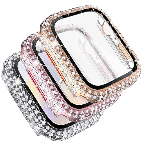 3 Pack Uhrengehäuse mit Displayschutzfolie Kompatibel mit Apple Watch Series 8 7 41mm 45mm / Series 6 5 4 SE 40mm 44mm / Series 3 2 1 38mm 42mm Kratzfest Bling-Diamant Robust Gehärtetes Glas / PC Image