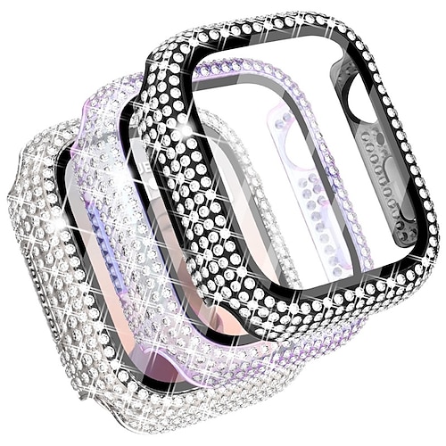 3 Pack Uhrengehäuse mit Displayschutzfolie Kompatibel mit Apple Watch Series 8 7 41mm 45mm / Series 6 5 4 SE 40mm 44mm / Series 3 2 1 38mm 42mm Kratzfest Bling-Diamant Robust Gehärtetes Glas / PC Image
