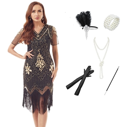 Goldene Zwanziger 1920er Knielang Flapper Kleid Cocktailkleid Zubehörset Kurze Ärmel Der große Gatsby Hochzeitsgast Pailletten Quastenfransen V Ausschnitt Kostüm Damen Maskerade Abschlussball Image