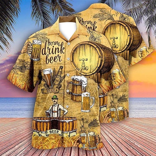 Herren Grafik-Drucke Bier Hemd Hawaiihemd Sommerhemd Aloha-Shirt Kurzarm Tropisch Modisch Hawaiianisch Casual Hawaiianisch Festtage Sommer Frühling Umlegekragen Bedruckt Button-Down Hellgelb Schwarz Image