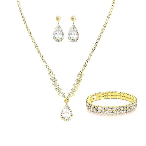 Brautjungfer Ball Bekleidung Wasserdiamant Schmuckset Braut Hochzeit Metall Zirkon Wasserfall Wellen Halskette Ohrringe Armband Valentinstag Geschenk Image
