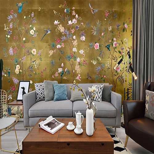 Coole Tapeten, Blumentapete, Wandgemälde mit Blumenmuster, traditionelle chinesische Malerei, Heimdekoration, Blumenmuster, klassische Wandverkleidung, Leinwand, PVC/Vinyl-Material, Klebstoff Image