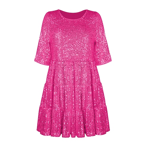 Schwarzes Paillettenkleid für Damen, Partykleid mit Pailletten, Glitzer, Rundhalsausschnitt, halblange Ärmel, Minikleid für Hochzeitsgäste, Silber, Roségold, Frühling, Herbst Image