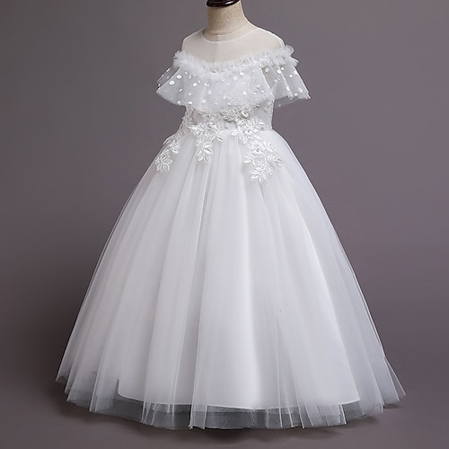 kinderkleidung Mädchen Blumenmädchen Kleid Kleid Party Kleid Feste Farbe Kurzarm Formal Leistung Hochzeit Spitze Gitter Modisch bezaubernd Prinzessin Baumwolle Polyester Maxi Spitzenkleid Image
