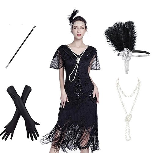 Goldene Zwanziger Vintage inspiriert Der große Gatsby Knielang Flapper Kleid Kleid Outfits Kurze Ärmel Der große Gatsby Hochzeitsgast Pailletten Quastenfransen Pailletten Quaste V Ausschnitt Kostüm Image
