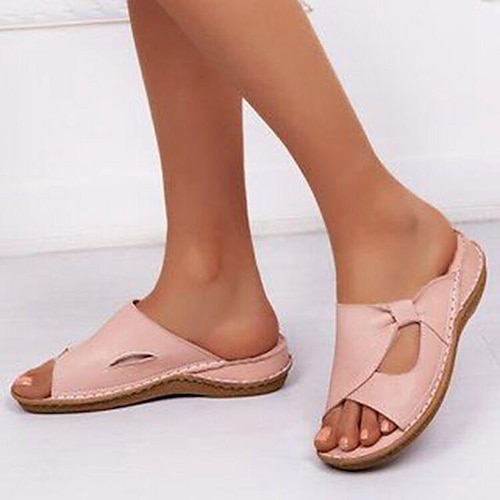 lässige rosa Schlupfsandalen für Damen mit offener Spitze und Schleife – leichte Sommer-Flachschuhe für jeden Tag Image