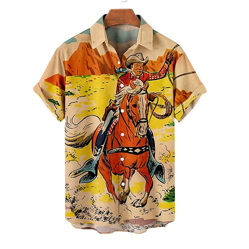 Kentucky Derby Herren Vintage Cowboy Hemd Sommer Hawaiihemd Alohahemd Kurze Ärmel Hemd Umlegekragen Vintage Mode Streetwear Straße Lässig Täglich Gelb Rote Blau S M L Image