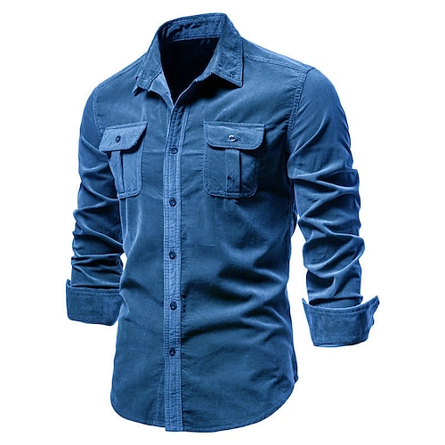 Herren Hemd Sommerhemd Cordhemd Knopfhemd Blau Braun Grün Grau Langarm Einfach Umlegekragen Lässig Täglich Button-Down Bekleidung Baumwolle Mode Streetwear Klassisch Image