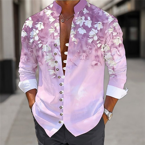 Herren Blumen Hemd Leinenhemd Alohahemd Langarm Lässig Alltagskleidung Ausgehen Wochenende Frühling Stehkragen Druck Button-Down Blau Purpur Grün Image