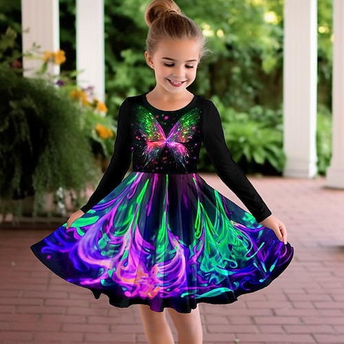 Mädchen' 3D Schmetterling Kleid Langarm 3D-Druck Frühling Herbst Urlaub Sport Natur Täglich Kuschelig Brautkleider schlicht Schön kinderkleidung 3-12 Jahre Casual kleid A Linie Kleid Übers Knie Image