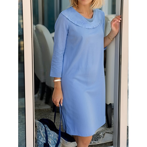 Damen Midikleid Kunstbaumwollleinen Shiftkleid Freizeitkleid Baumwoll-Sommerkleid Basic Klassisch Lässig Täglich Outdoor Urlaub Lässiger Schnitt Einfach Dreiviertelarm Wasserfallausschnitt Blau