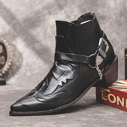 Schwarze Western-Motorradstiefel aus Leder für Herren – gesticktes Design mit Metallschnalle und Kette für Biker- und Modebekleidung Image