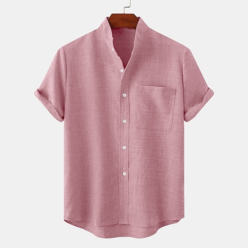 Herren Leinenhemd Freizeithemd Stehkragenhemd Einfach Urlaub Hawaiianisch Schwarz Weiß Gelb Rosa Kurzarm Henley Frühling Sommer Bekleidung Fronttasche Image