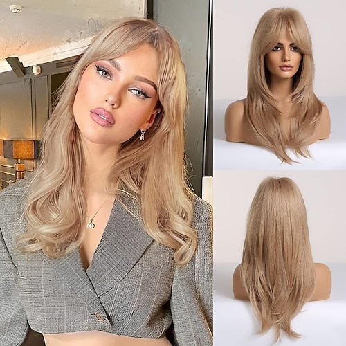 Lange, gewellte, blonde Ombre-Perücken für Frauen, aschblonde Perücke mit Pony, natürliche synthetische Perücke mit dunkelblonden Haaren, Ersatzperücken für Cosplay-Partys, den täglichen Gebrauch, Image