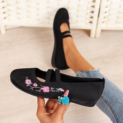 Schwarze bestickte Mary-Jane-Ballerinas für Damen – atmungsaktive Slipper aus Mesh mit Doppelriemen – lässiger Vintage-Stil für den Alltag Image