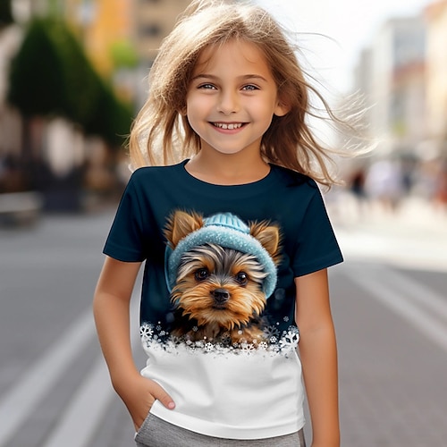 Mädchen 3D Hund T-Shirt Hemden Kurzarm 3D-Druck Sommer Aktiv Modisch Kuschelig kinderkleidung 3-12 Jahre Rundhalsausschnitt Outdoor Casual Täglich Regular Fit Image