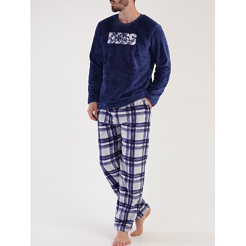 Herren Hausanzug Schlafanzüge Schlafanzug Set Pyjama-Oberteil und Hose 2 Stück Plaid Stilvoll Brautkleider schlicht Komfort Heim Täglich Flanell Komfort Rundhalsausschnitt Langarm Pullover Hose Image